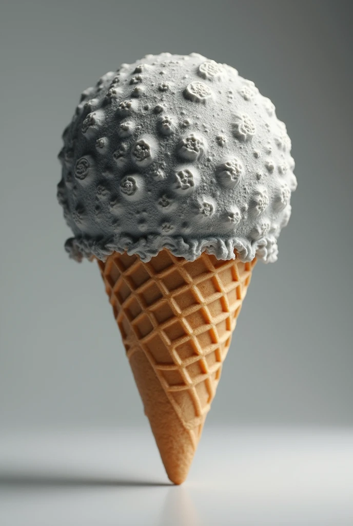 A highly detailed image of an ice cream cone with a scoop of ice cream shaped exactly like the moon. The scoop has the texture of the moon's surface, with visible craters, rough patches, and varying shades of gray, mimicking the lunar landscape. The cone is a traditional waffle cone with a golden-brown color and slightly textured surface. The background is kept simple and neutral to ensure the focus remains on the moon-textured ice cream.