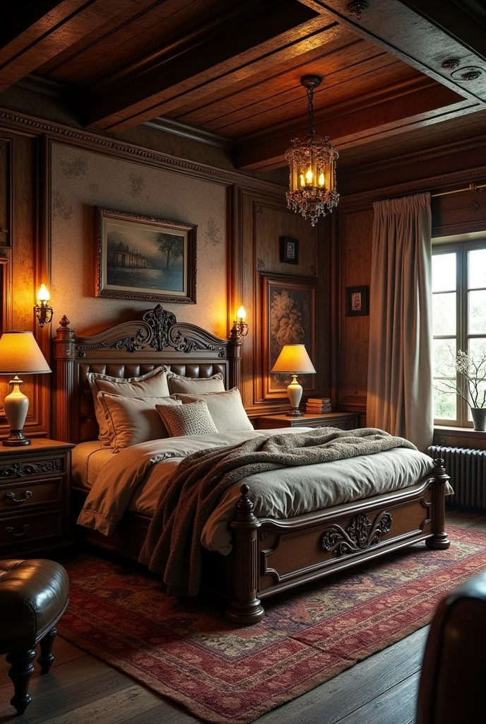 a richly decorated, rustic and luxurious retro vintage bedroom with a double bed, man cave style, detailed interior, dramatic lighting, moody atmosphere,