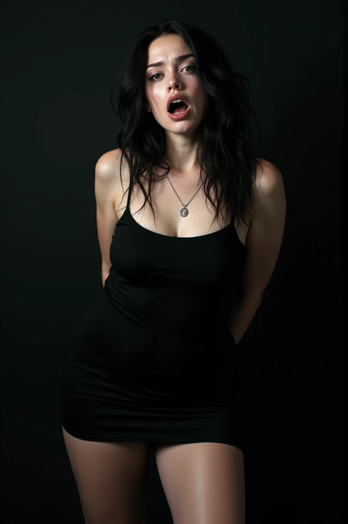 Billie Eillish skintight black dress shocked expression naughty