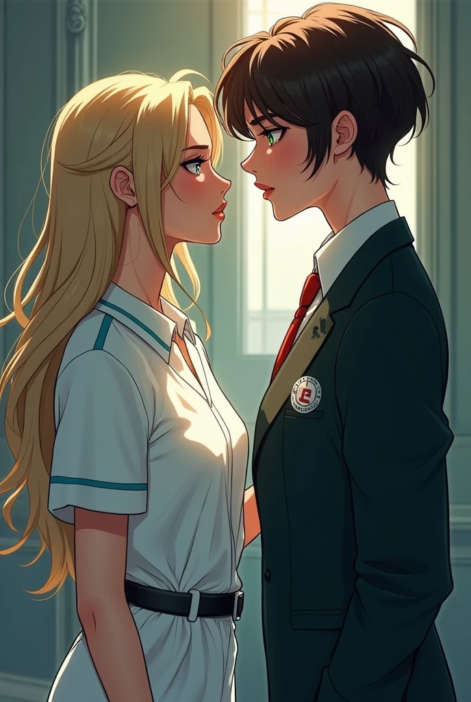 Something intimate yet not overly domestic. A 2 feminine woman with long blonde hair, sea blue eyes, dressed in not-so-feminine clothes, and a 6'2" tall 1 a little bulkier than the older one masculine woman with short boy cut dark brown hair and emerald green eyes in stylish masculine clothes. I want the long haired in hospital uniform and the short haired in a suit