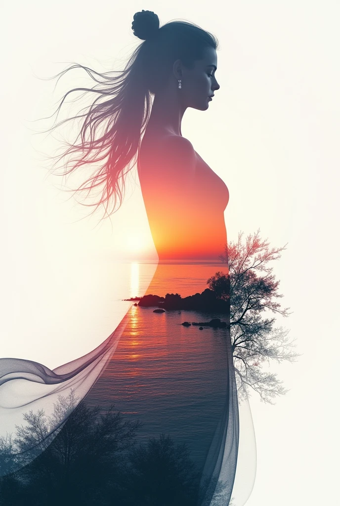 high quality, 8K Ultra HD, A beautiful double exposure that combines an goddess silhouette with sunset coast, sunset coast should serve as the underlying backdrop, with its details incorporated into the goddess , crisp lines, The background is monochrome, sharp focus, double exposure, by yukisakura, awesome full color,