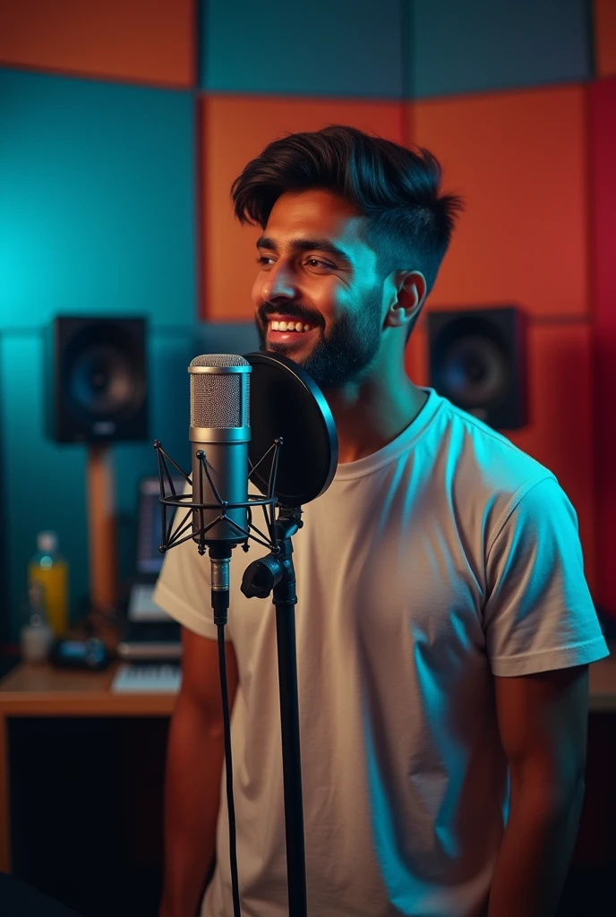 Indian singer male in sound studio with microphone dress tshirt