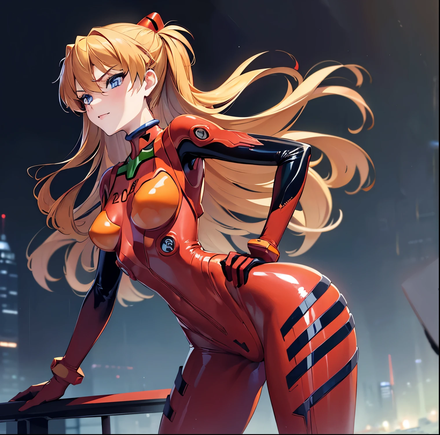 ((1girl)),((alone)),Asuka Langley,(masterpiece), (best quality), (ultra detailed), (best illustration), (best shadow), (absurdities), sharp focus, cowboy shot , dynamic posture looking at the viewer, small breasts, narrow waist, wide hips, wide thighs, round butt, ??????, romantic, (very detailed eyes, lips 1.1), very detailed eyes, eyes, Very detailed face, Very beautiful face, height full, beautiful slim figure, femininity, expressive appearance, elastic small breasts, sexuality, 2, orange hair, blue eyes, perfect proportions, (Asuka Langley, plug-in suit 02:1.2)), ((Blue eyes, beautiful face, eyes beautiful))), moist eyes, bright eyes, thin face, thin lips, narrow eyes, thin pale eyebrows, long eyelashes, long lower eyelashes, model taking a pose with hands on hips, sullen look, (Shine Red High -Gloss Suit: 1.1), Dark red bodysuit that shines like a mirror (dark red rubber suit with strong metallic shine and smooth surface), (Large connection terminals under the chest of precision circles: light metallic and silver: 1.3 )), Precision circular Metal shoulder and silver large connection terminals: 1.1, light metallic green part of the shoulder blade, beautiful female hands wearing tight-fitting red latex gloves (black tie latex with a strong metallic shine on the inside of the arm), two simple black wide latex from thighs to buttocks, (full body composition standing in model pose with realistic details: 1.1), accurate simulation of light-matter interactions, defined body, perfect and beautiful body, perfect and beautiful, closed mouth, smile, seductive smile, blushing, (sexy pose: 1.2), ((only)), standing: 1.3, outdoor, cyberpunk cityscape, streets, city, lights neon,city lights,rain,night,looking forward,((focus on hips)), point of view:(from below), red blush, perfect ???????, perfect hands