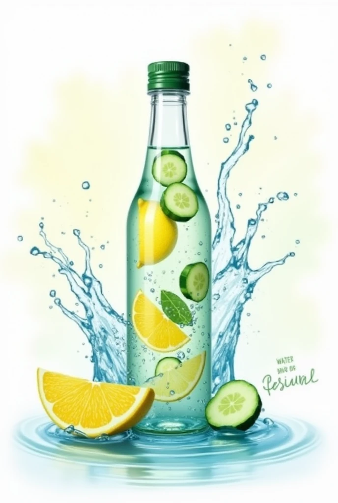 lemon and cucumber splash background for a natural water label that includes cucumber and lemon