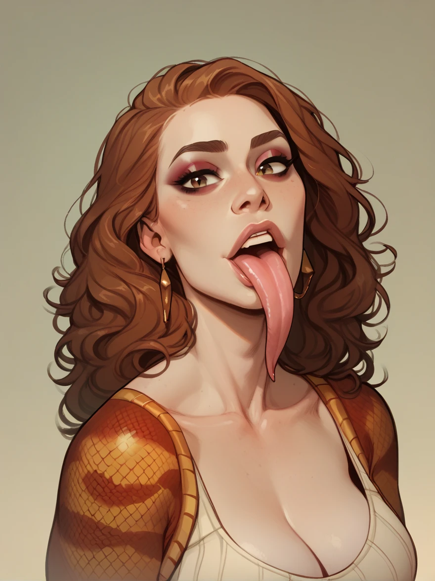 score_9, score_8_up,score_7_up, score_6_up, score_5_up, score_4_up, woman, best quality, highres, portrait, solo, beautiful, makeup, soft lips, hermione as a serpentar, grimace, put out your tongue, large cleavage, snake double tongue