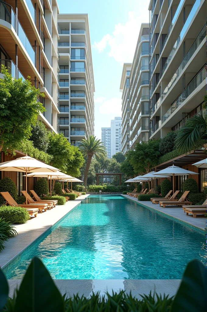 A luxury condiminium with swimming pool.green landscape