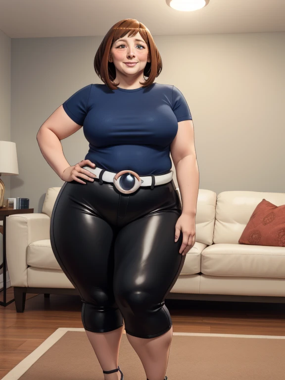 high quality, best quality, beautiful, perfect lighting, detailed face, ((1girl)), ((solo)), Imagine Ochaco Uraraka as an adult, 45yo, MILF, plus sized milf, mature face, fat face, chubby cheeks, slight wrinkles around the face, motherly, mom, short brown hair, brown eyes, ((blush)), smile, looking at viewer, black leather pants, dark blue shirt, white belt, white heels, ((medium breasts)), wide hips, thick thighs, chubby, love handles, muffin-top, round belly, living room, hands on hips,