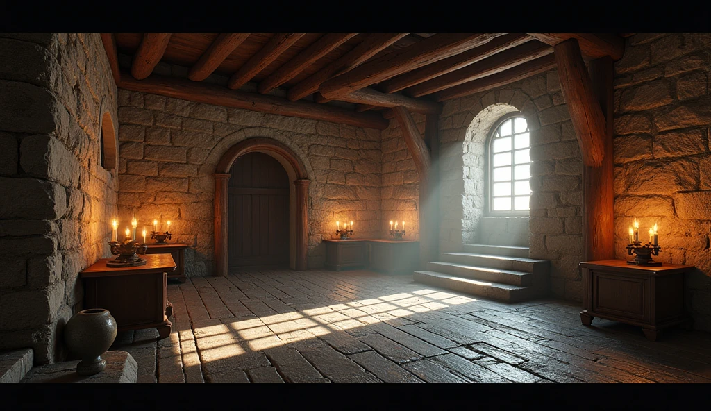 Create a highly realistic 3D rendering of a medieval room game setting. The scene must be horizontal medieval room interior Natural Lighting: Use soft lighting that highlights the textures of stone and wood, creating realistic shadows that add depth to the scene.