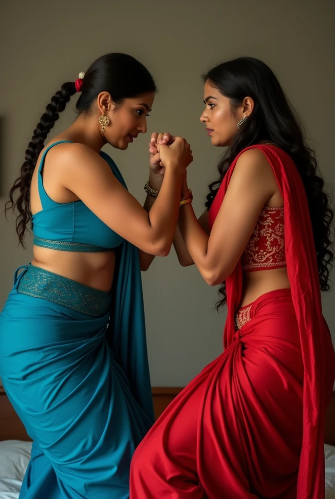 One woman in blue saree blouse and blue petticoat and another woman in red saree blouse and red petticoat lock fingers and push each other in a test of strength in bedroom