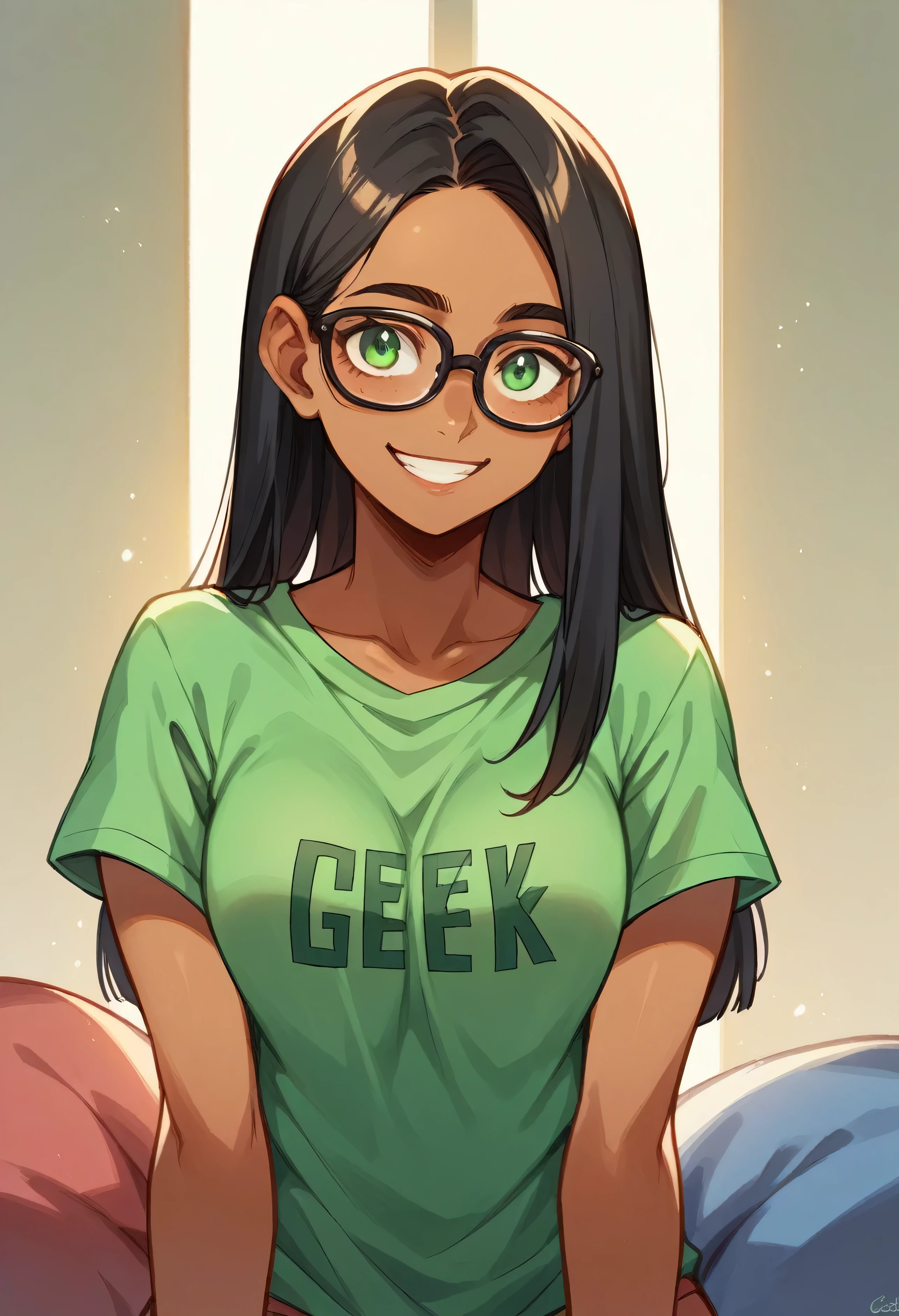 1 woman, airhead but very intelligent, mixed race Latina, olive green eyes,tan skin ,dark complexion, straightened and tied long black hair,nerd, glasses, wearing geek t-shirt,smile,manga style line, bedroom in background