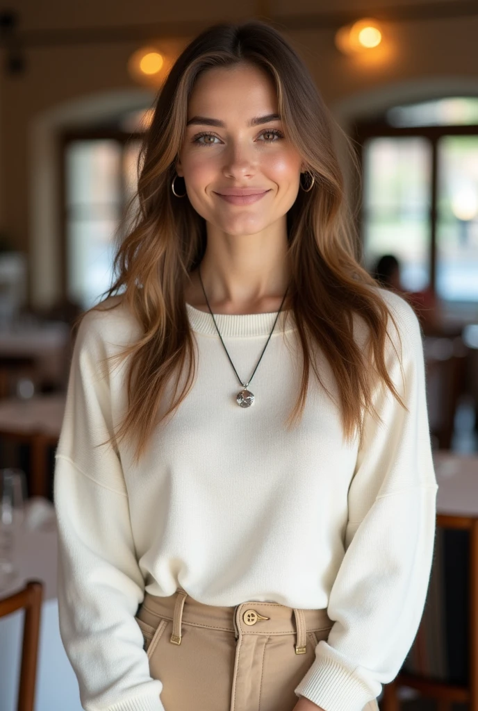 4k image, realistic, modern young woman, 2, straight light brown hair, brown eyes, delicate round face, natural breasts, wide hips, natural eyebrows, influencer, white sweater, beige skirt, silver necklace, silver earrings, in a bright restaurant in Italy