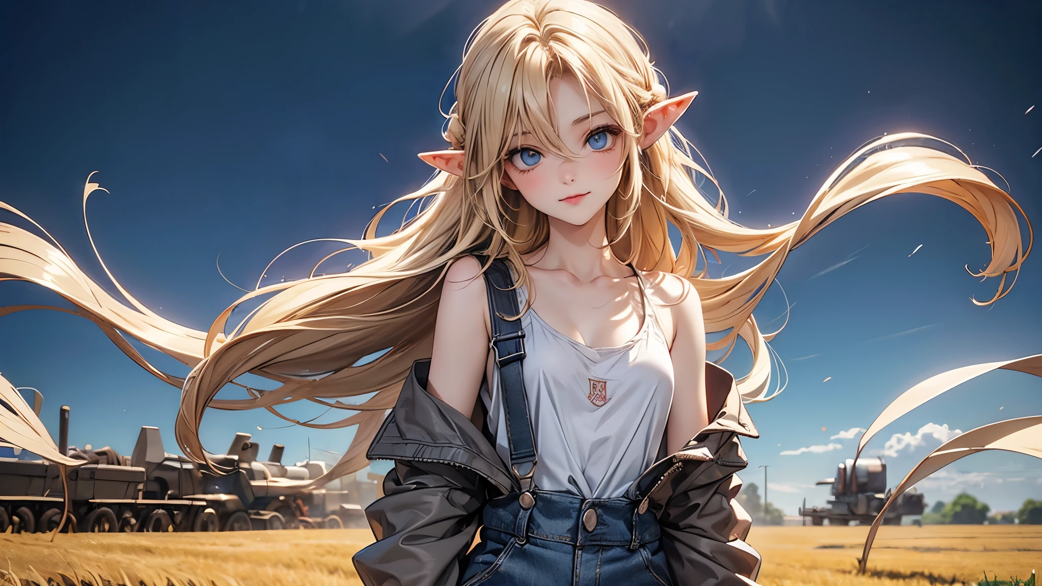 ((Masterpiece)), (Anime:1.5), ((best quality)), (RAW photo:1.2), (High Definition:1.3), (Professional Photography:1.2), (), (1girl), cute young girl, BREAK, (naughty face:1.3), (Beautiful daiamond eyes:1.5), (pale skin), elf girl, wearing Gray Workwear Coveralls, flat chest, slender waist, BREAK, (hair over eyes:1.2), Silky unruly hair, medium hair, ((blond hair)), wearing Gray Workwear Coveralls, (in a wheat field among agricultural machinery), ((low-cut neckline)), (open clothing in the chest area), ((Ukrainian flag on the background in the field))