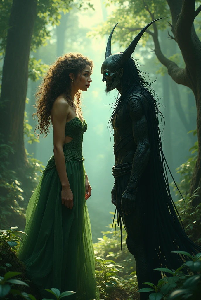 a light brown nymph, with green eyes and curly hair with the god of death with ocean blue eyes and black hair, the two are seen in the middle of the forest.