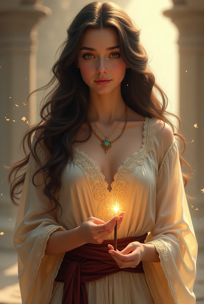 A bard with dark brown long hair and brown eyes. She looks like Lucy Gray. she smiles. She has a simple magic wand in her hand.