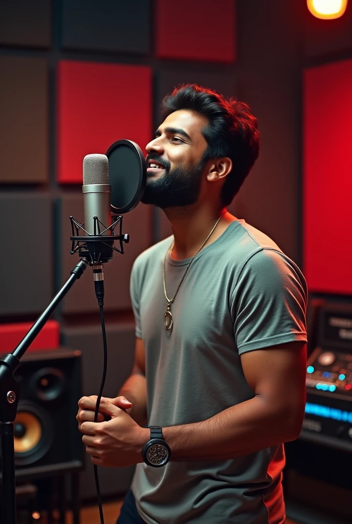 Indian singer male in sound studio with microphone dress tshirt