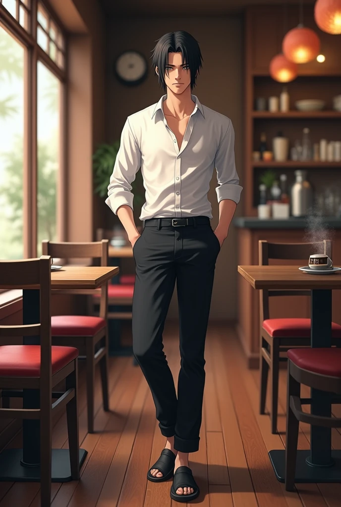 Itachi uchiha is wearing a white shirt and black pant with tuck in and bg willbe a cafe
