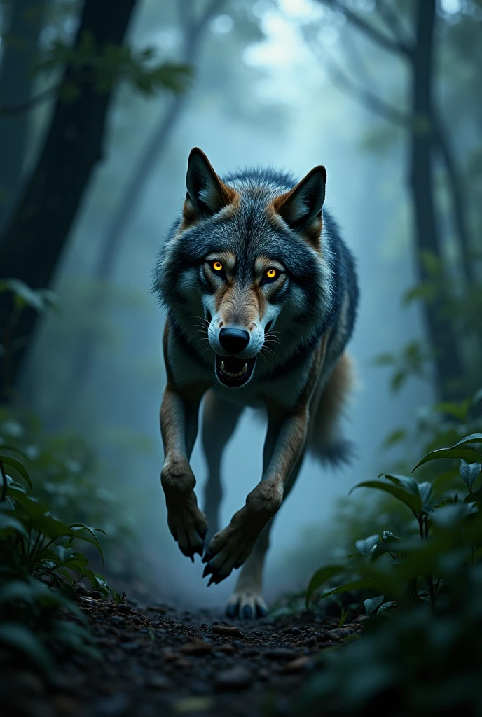 wolf running in scary fogy jungle in night camera angle from back behind up shot