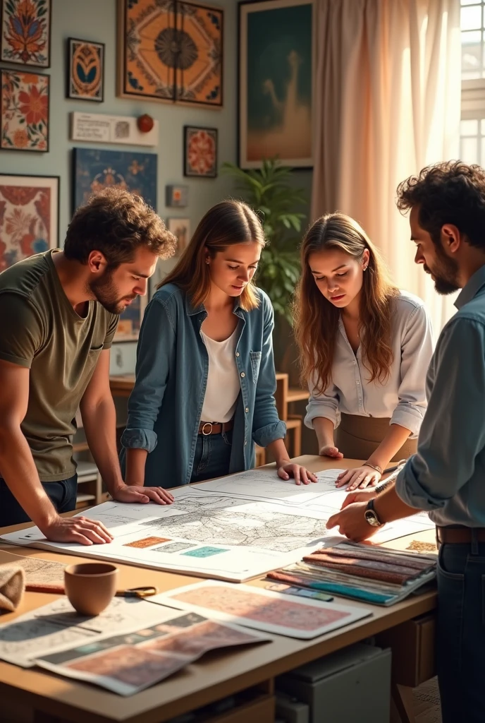 "Designers reviewing plans and samples of materials inspired by the Mediterranean style: warm tones, decorative tiles, and natural textures. Text on screen: 'Authentic design'".