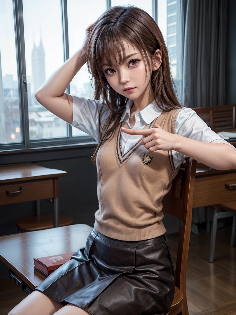 Masterpiece, Top Quality, Top Mikoto, brown eyes, short hair, small breasts, looking at viewer, alone, closed mouth, collared shirt, beige knit vest, dark blue  Skirt, school_uniform, shirt, white_shirt, classroom,Masterpiece, highest quality, 8K, detailed skin texture, fine cloth texture, beautiful detailed face, intricate details, super detailed,cute,cute posing,composition that shows the whole body, brown hair,Pointing a finger like a gun, aiming straight ahead