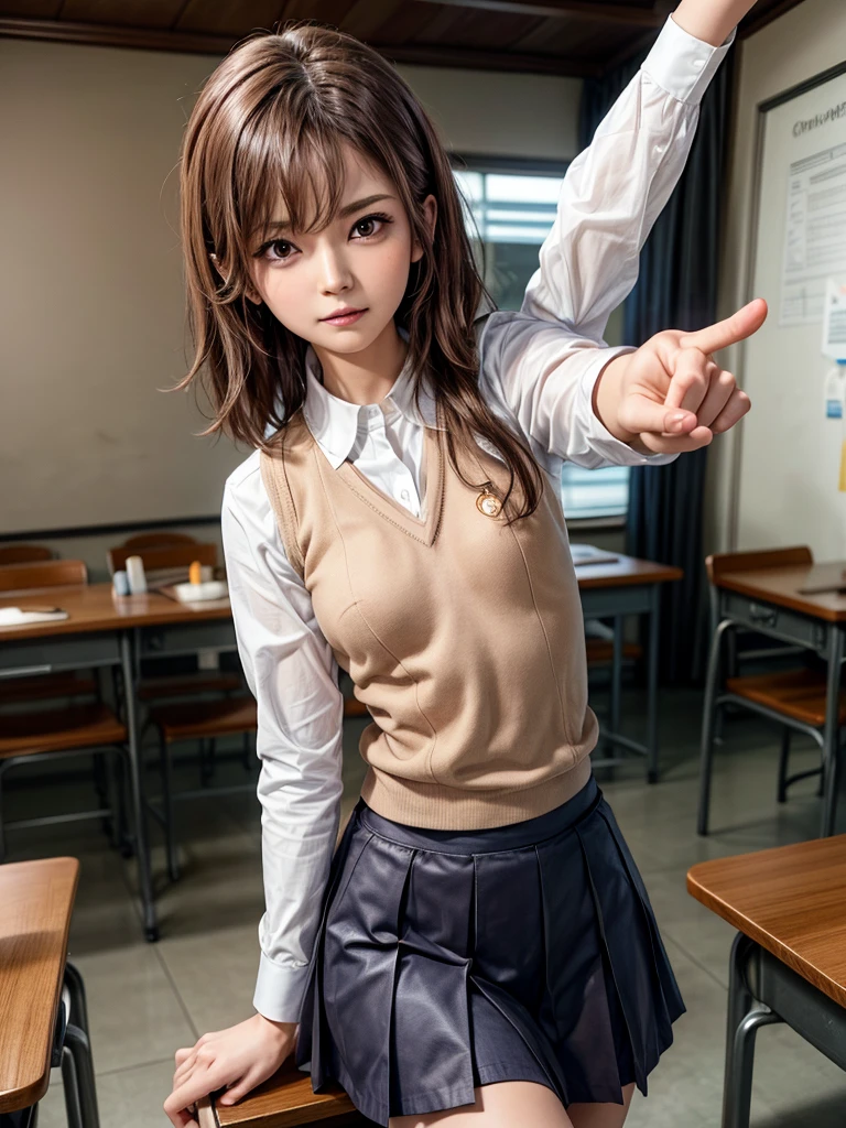 Masterpiece, Top Quality, Top Mikoto, brown eyes, short hair, small , looking at viewer, alone, closed mouth, collared shirt, beige knit vest, dark blue  Skirt, school_uniform, shirt, white_shirt, classroom,Masterpiece, highest quality, 8K, detailed skin texture, fine cloth texture, beautiful detailed face, intricate details, super detailed,cute,cute posing,composition that shows the whole body, brown hair,Pointing a finger like a gun, aiming straight ahead