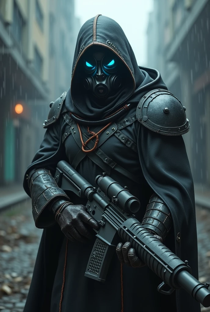 (photorealism:1.2), @Dawnwesker6896 as supervillain wearing hi-tech mecha suit without helmet, wearing gas mask, bone mask, hooded or tattered robe, close up, portrait, dynamic pose, holding supervillain weapon, blue-amethyst eyes color, foggy background, rainy abandoned city, realistic, masterpiece, dark souls style.