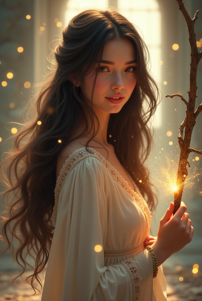 A bard with dark brown long hair and brown eyes. She looks like Lucy Gray. she smiles. She has a simple magic wand in her hand.