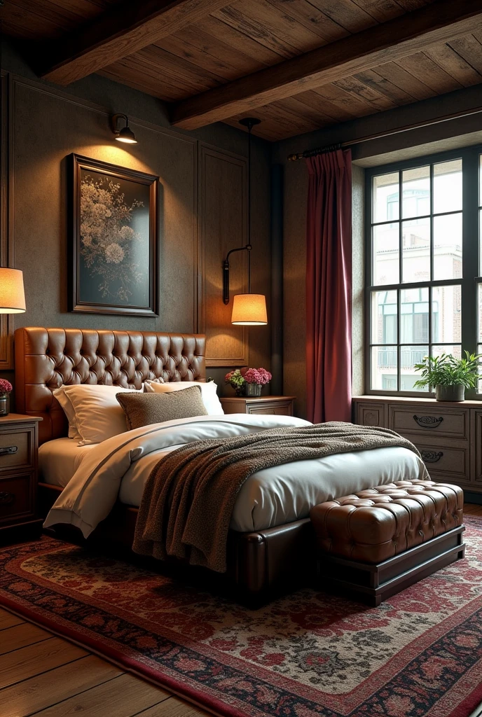 rustic and luxurious retro vintage bedroom with a double bed, man cave style, detailed interior, dramatic lighting, moody atmosphere,