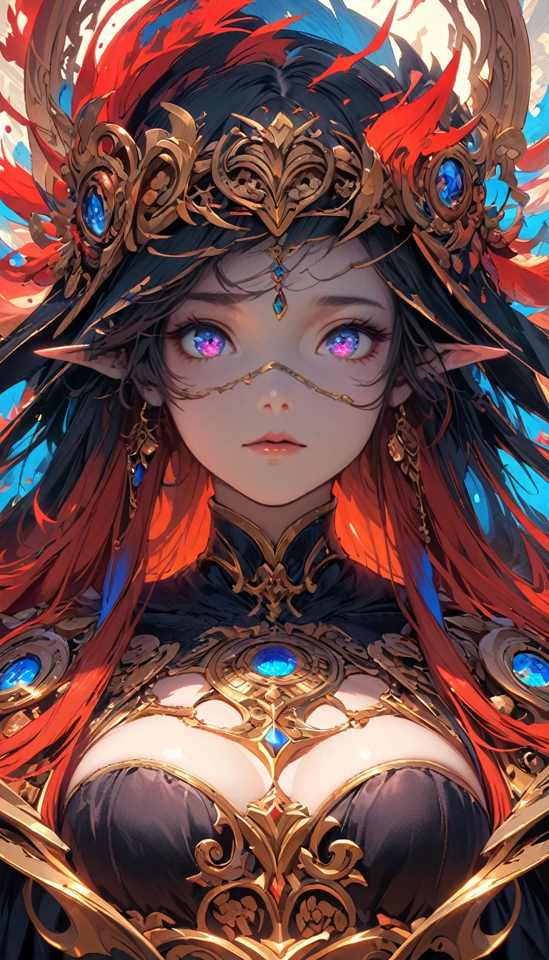 8k_wallpaper, extremely detailed eyes, extremely detailed body, (large masterpiece digital art), (detailed manga illustration), (detailed line art), ((perfect anatomy)), (intricate details:1.3), (ultra-detailed:1.3), (illustration:1.3), (sharp focus:1.3), (natural lighting:1.05), (vivid colors:1.3), high quality, expressive eyes, detailed face, beautiful face, perfect face, 1 girl, In her human-sized form, Rhode bears a striking resemblance to a mortal woman, with the exception of her pointed ears, which she conceals beneath her mane of red hair. Her features are delicate yet regal, with high cheekbones, a straight nose, and full lips. Her eyes retain their hazel color and faint glow, lending her an otherworldly allure. Her hair falls in thick waves around her shoulders, framing her face in a fiery halo.