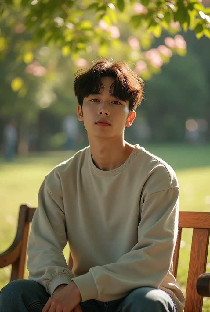 An ultra-realistic photograph captured with a Sony α7 III camera, equipped with an 85mm lens at F 1.2 aperture setting, portraying a young man sitting on a wooden bench in a sunlit park. The background is beautifully blurred, highlighting the subject. The park is adorned with lush greenery and blooming flowers, creating a serene atmosphere. Soft sunlight gracefully illuminates the subject’s face and hair, casting a dreamlike glow. The image, shot in high resolution and a 16:9 aspect ratio, captures the subject’s natural beauty and personality with stunning realism –ar 16:9 –v 5.2 –style raw