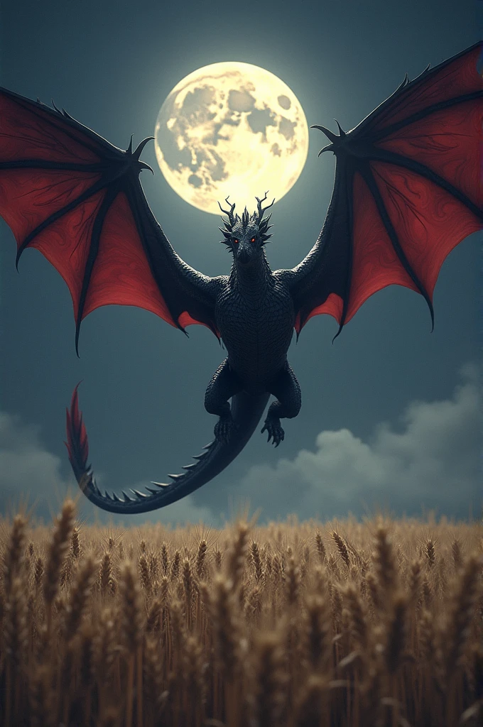 Black dragon with red wings over a wheat field with a full moon in the background