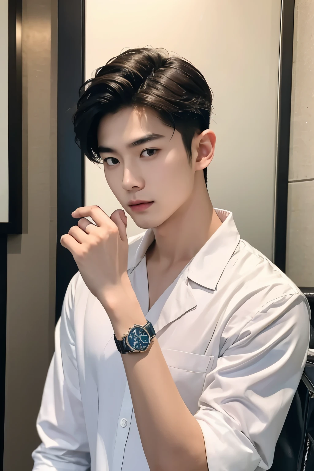masterpiece, Best quality, realistic, a handsome Thai-Korean guy, aged 20-25, dressed in a fashion shirt, wearing a prominently visible wristwatch.  The wristwatch adds a touch of sophistication to his overall look.