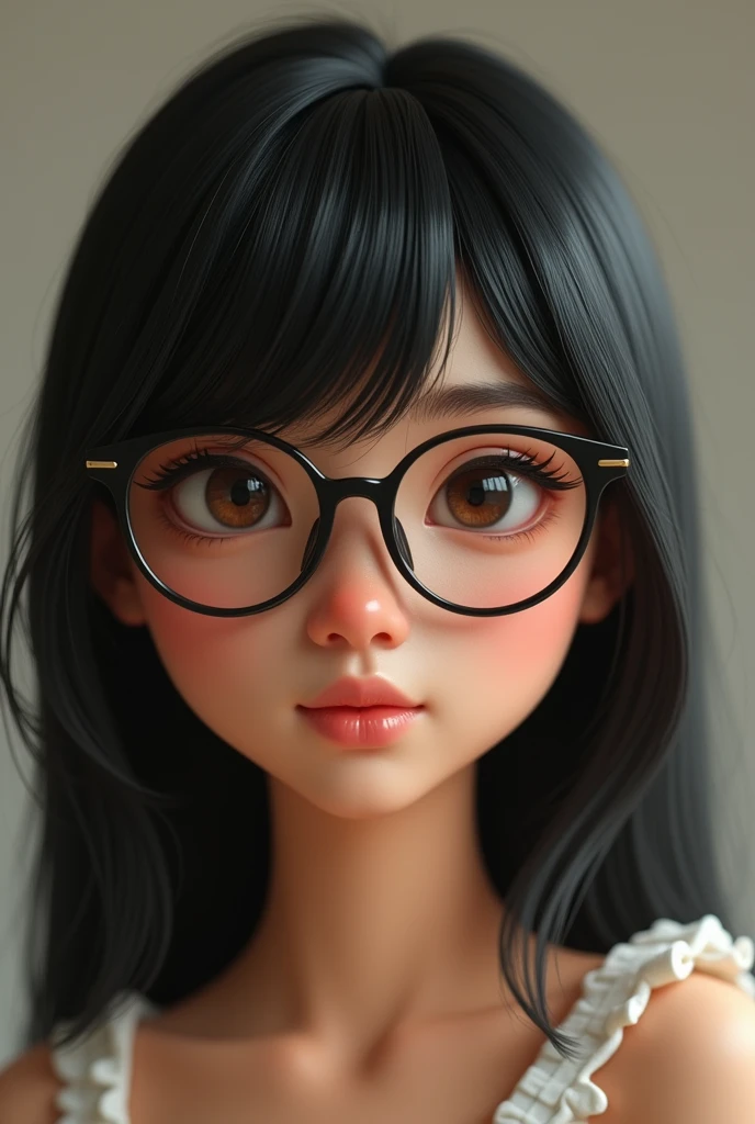 Create a realistic person with straight black hair, elongated brown eyes, slightly turned-up nose, wide lips, sandy skin color and glasses.