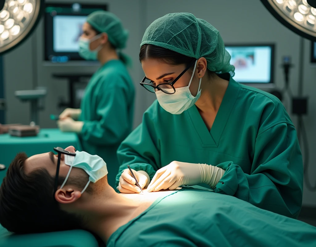 Aishwarya Rai as surgeon, wearing green scrubs, wearing surgical mask and skull cap, wearing surgical glasses, doing bypass surgery on male patient, in operation theatre, fullbody view, cutting the chest with scalpel, topdown view,