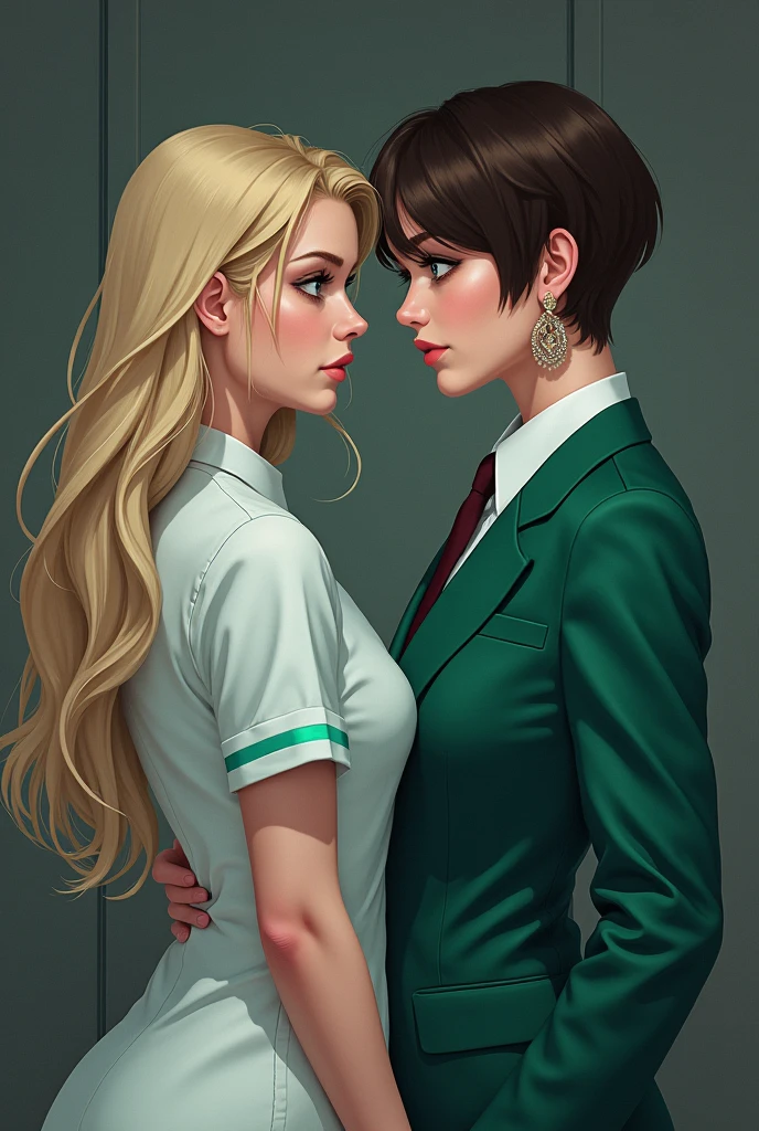 Something intimate yet not overly domestic. A 2 feminine woman with long blonde hair, sea blue eyes, dressed in not-so-feminine clothes, and a 6'2" tall 1 a little bulkier than the older one masculine woman with short boy cut dark brown hair and emerald green eyes in stylish masculine clothes. I want the long haired in hospital uniform and the short haired in a suit