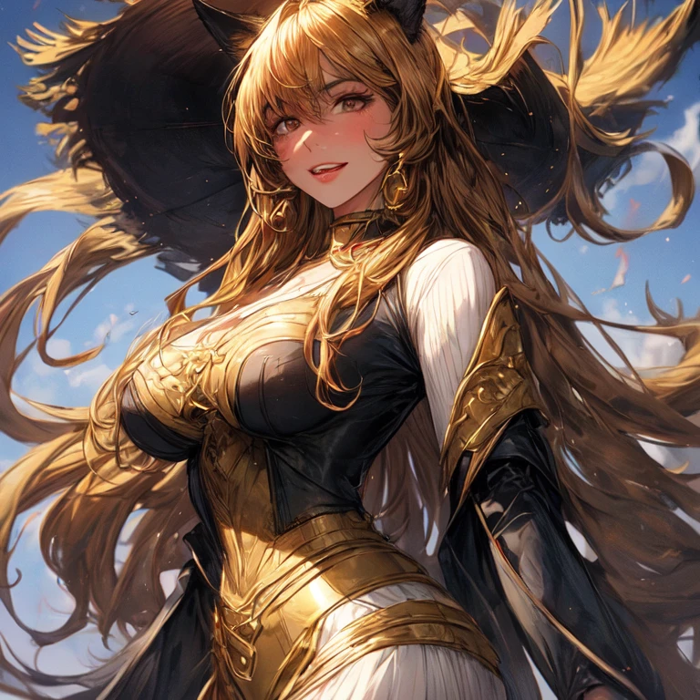 Beautiful werewolf girl with long golden hair, Brown eyes, big breasts, uhd, textured skin, super detail, high details, high quality,