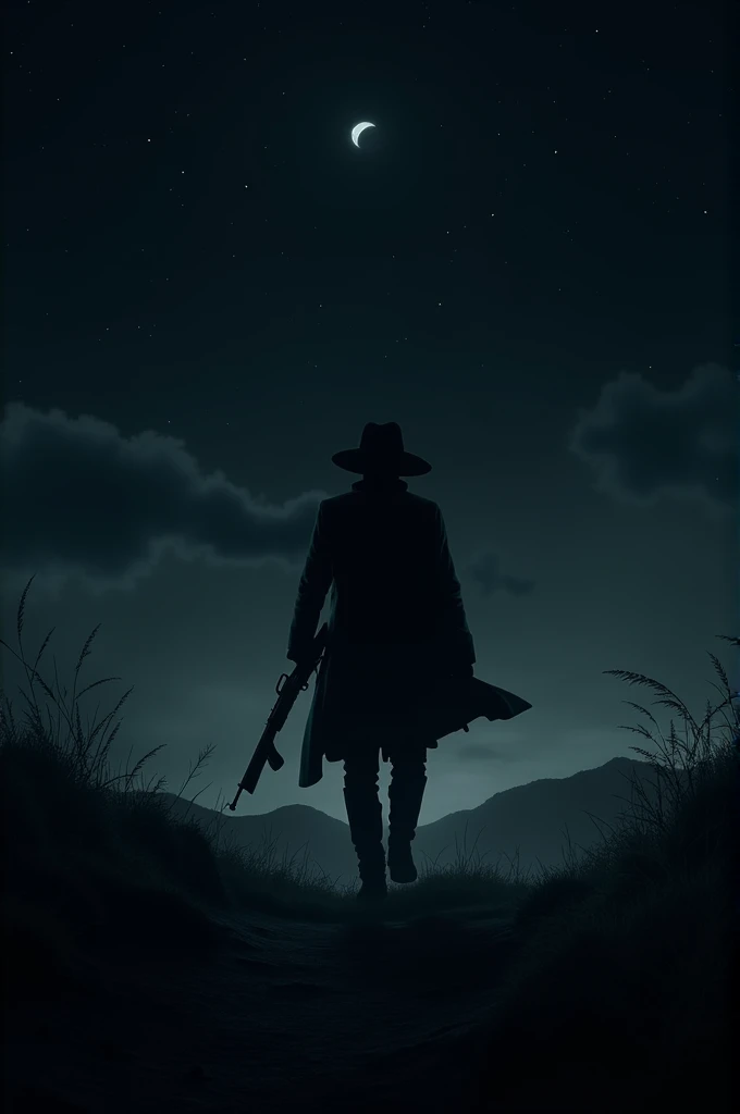 A wallpaper of a dark night sky with a man with a black hat walking with a rifle in hand