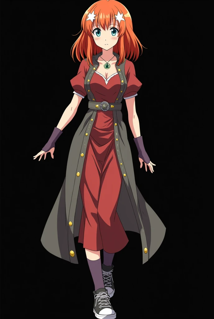 A full body image of an 1 girl named Hana Watanabe, personagem do anime "dragonball z", she is very beautiful, with medium length straight fire-colored hair with two white highlights in the front, framing your face. She has blue-green eyes and pale skin.. she is a Wiccan, she is in fighting pose. she wears a pentagram necklace, ¾ socks and high-top shoes. It is drawn with Akira Toryama's animation. black backdrop.