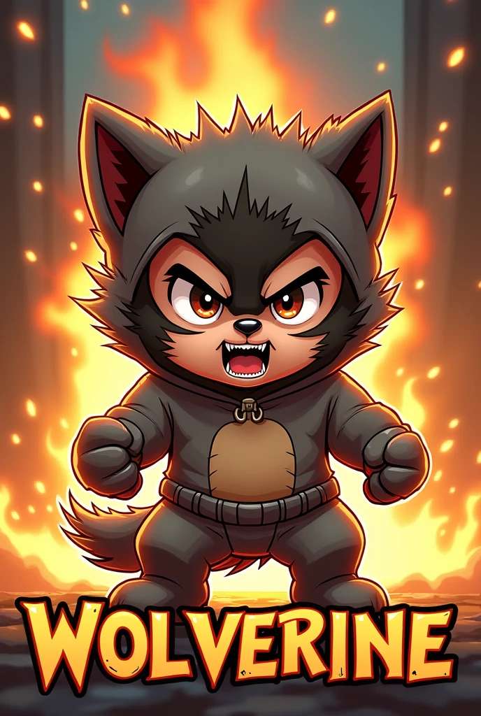 The Wolverine as a baby in costume as a wolf angry as a cartoon with fire behind him and text in the front that says Wolverine Inu