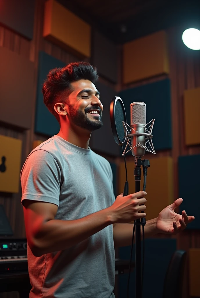 Indian singer male in sound studio with microphone dress tshirt