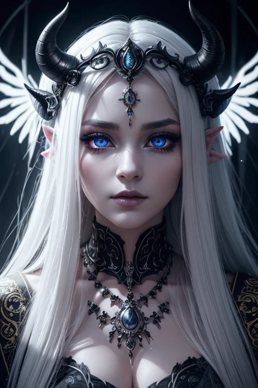 a gorgeous demon goddess, 1girl, intricate detailed face, beautiful detailed eyes, beautiful detailed lips, extremely detailed face and eyes, long eyelashes, flowing white hair, horns, glowing eyes, detailed skin, ornate headdress, intricate jewelry, flowing robe, dramatic lighting, glowing energy aura, ethereal, dark fantasy, cinematic, dramatic colors, moody, high contrast, volumetric lighting, photorealistic, 8k, masterpiece