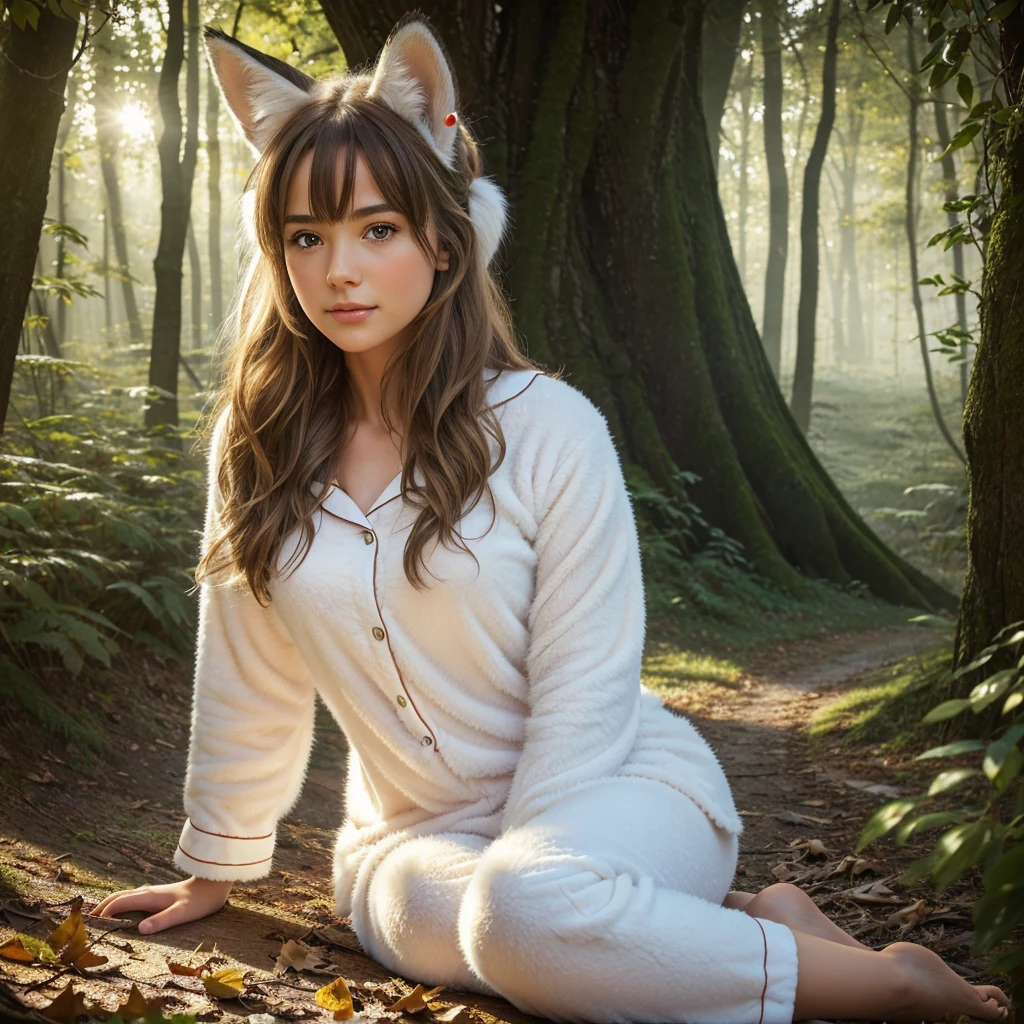 A professional high-quality photo, in 4K resolution, captures in realistic detail a charming girl in a fluffy white pajama with ears and foxtail. She is sitting in the middle of an enchanted forest, where every element is portrayed to perfection. The textures of the pajamas, ears and tail are sharp and palpable. Sunlight falls on the leaves and gently illuminates the girl's face, highlighting each delicate and charming expression