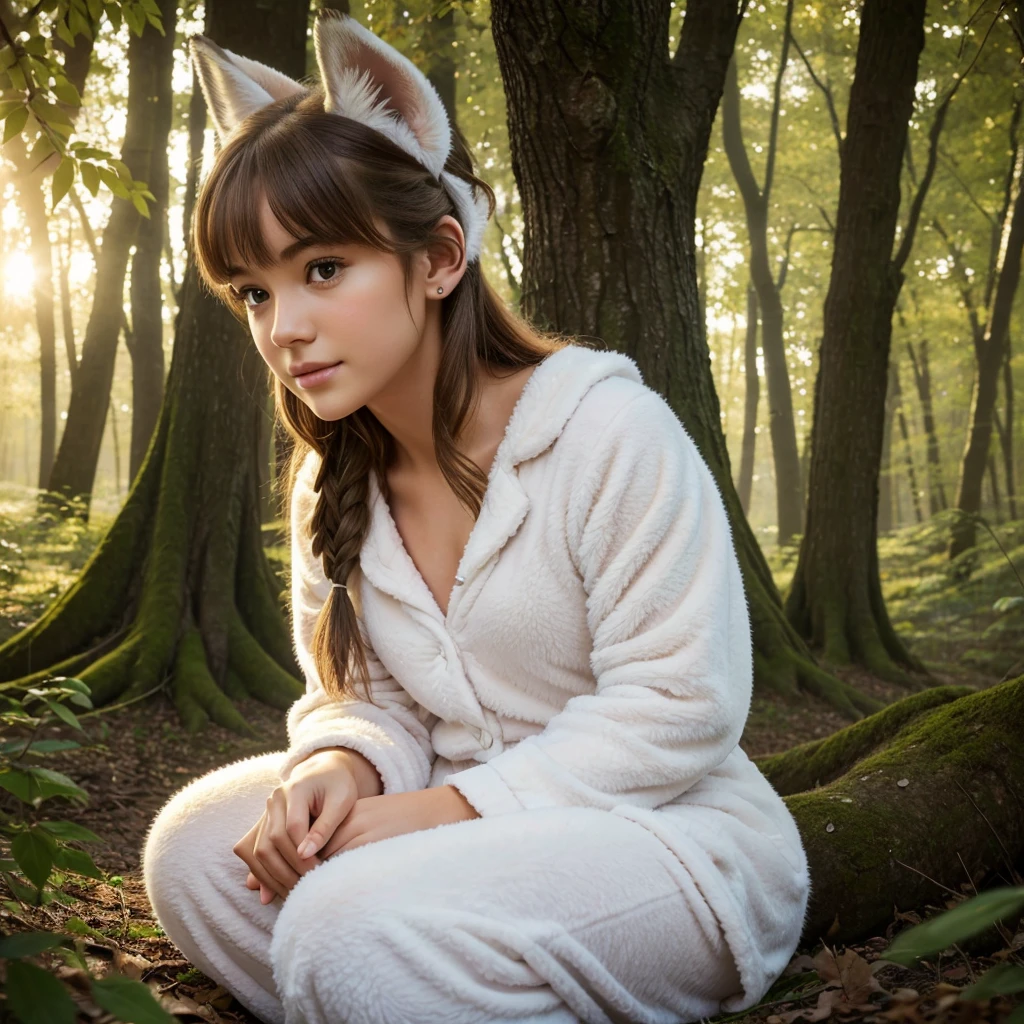 A professional high-quality photo, in 4K resolution, captures in realistic detail a charming girl in a fluffy white pajama with ears and foxtail. She is sitting in the middle of an enchanted forest, where every element is portrayed to perfection. The textures of the pajamas, ears and tail are sharp and palpable. Sunlight falls on the leaves and gently illuminates the girl's face, highlighting each delicate and charming expression  