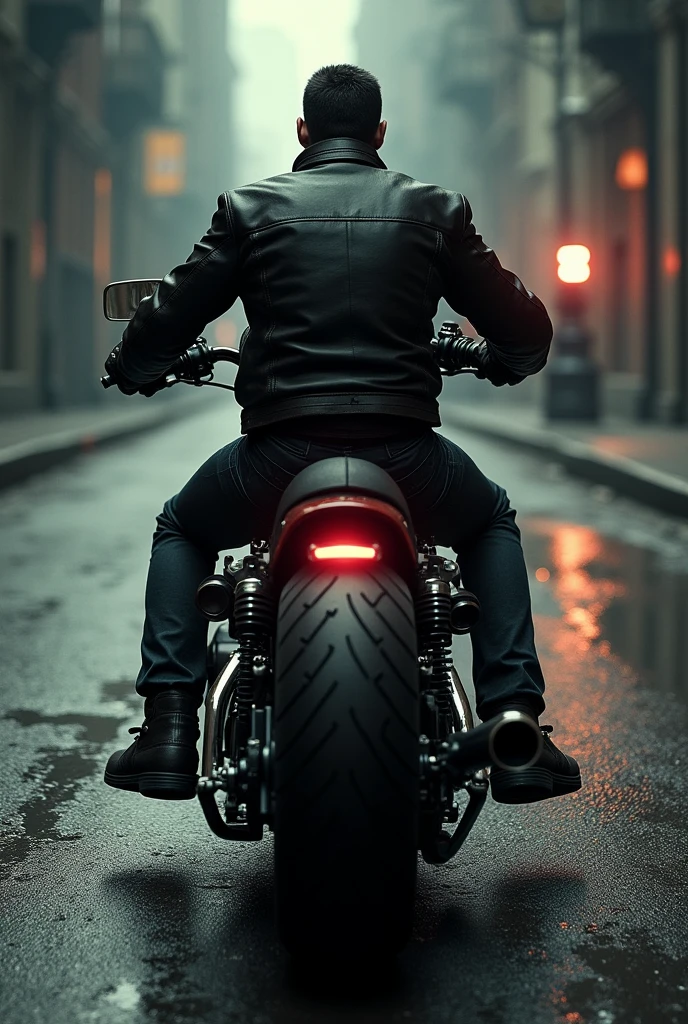 Motorcycle gangster riding a motorbike with his back to the camera
