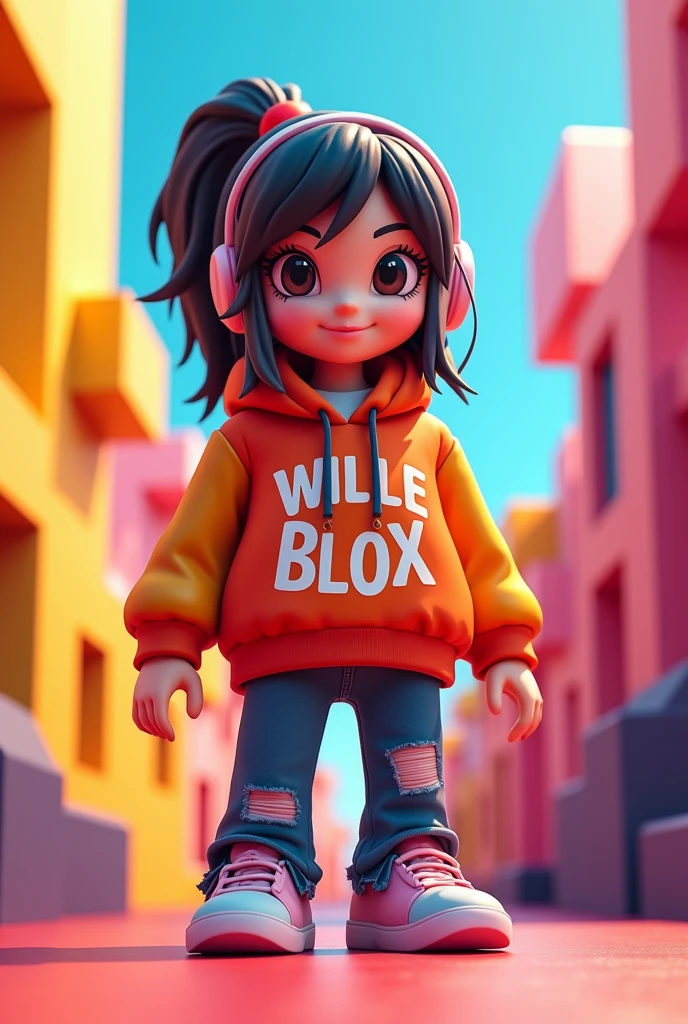 Female character with colors and aspects of Roblox with the square body Roblox, com legenda Wille Blox

