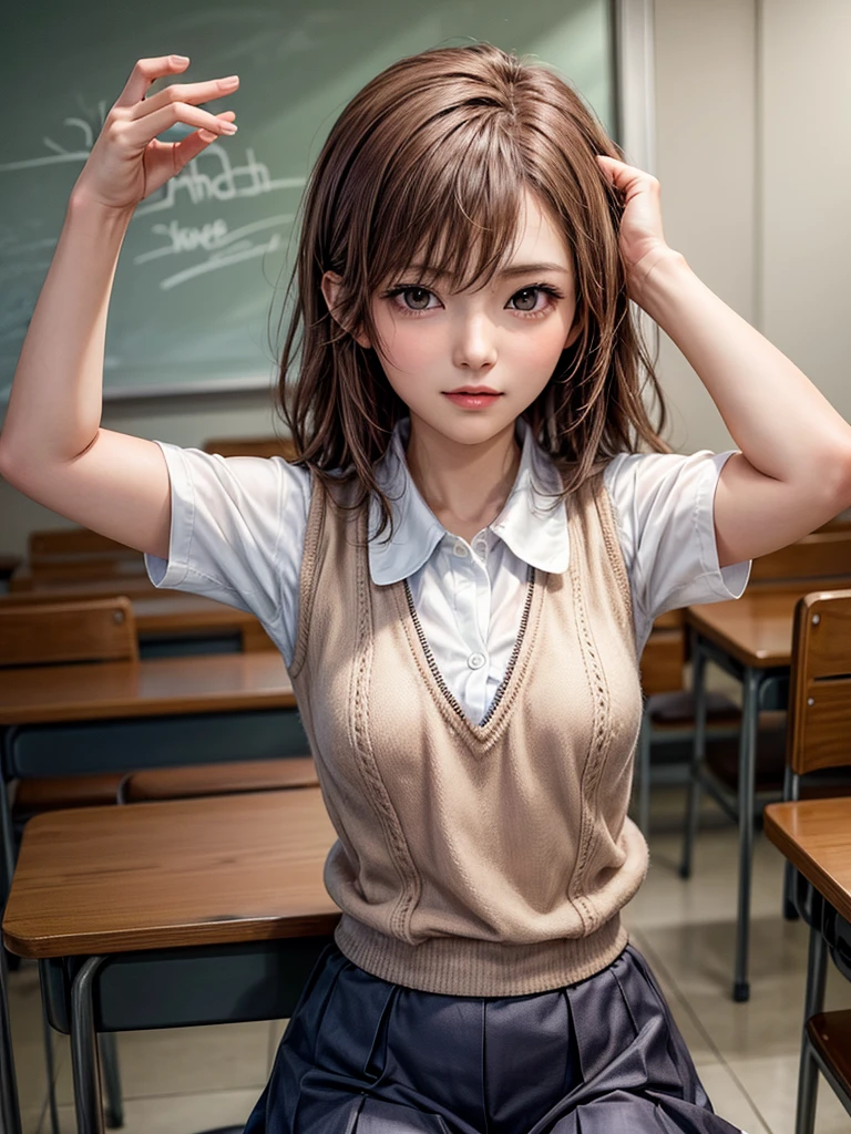 Masterpiece, Top Quality, Top Mikoto, brown eyes, short hair, small breasts, looking at viewer, alone, closed mouth, collared shirt, beige knit vest, dark blue Skirt, school_uniform, shirt, white_shirt, classroom,Masterpiece, highest quality, 8K, detailed skin texture, fine cloth texture, beautiful detailed face, intricate details, super detailed,cute,cute posing,composition that shows the whole body, brown hair,Pointing a finger like a gun, aiming straight ahead