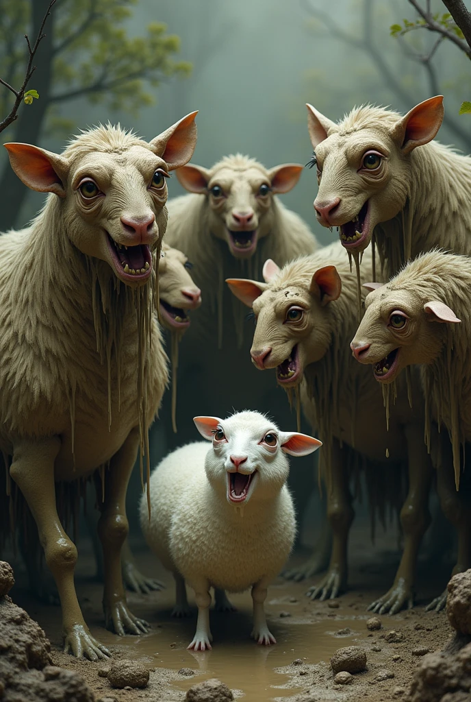 Ugly animals covered in mud laughing at a nice, clean sheep