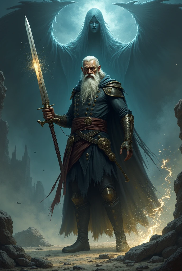 Alejandro Grimwald the 2 wizard holding his sword in his only arm, surrounded by an aura of magic and behind him, The fearsome lady of shadows in all her terrible splendor