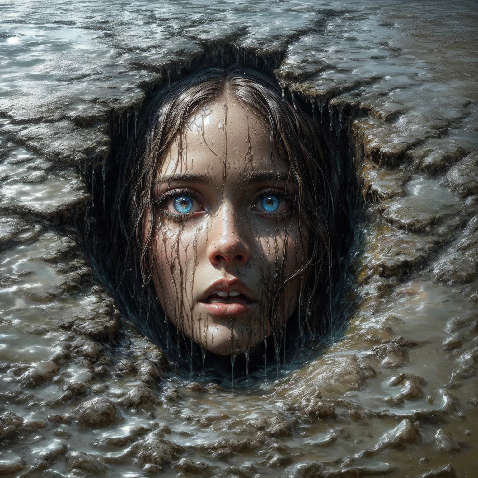 arafed woman in mud hole with water flowing down her face, karol bak uhd, detailed 4k horror artwork, stefan koidl inspired, ultradetailed digital painting, hyperrealistic fantasy art, hyperrealist portrait in a river, ultra realistic digital painting, extremely detailed oil painting, aron wiesenfeld dark fantasy, face in water, wet mud, sunken face