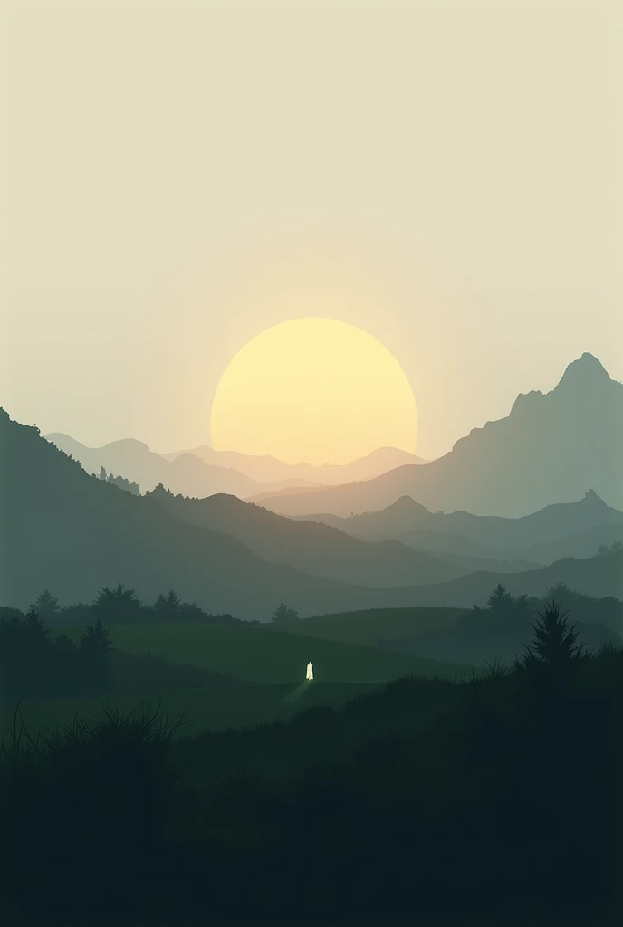 Plain, sunset, dark green grass, low bushes, gray shadows in the background, similar to people