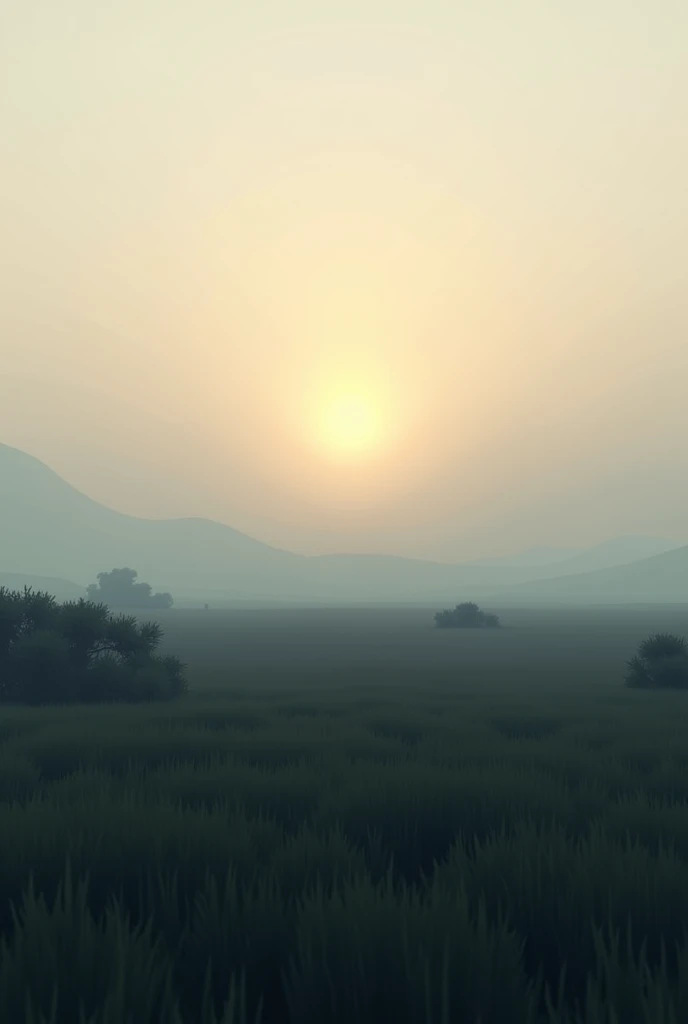 Plain, sunset, dark green grass, low bushes, gray shadows in the background, similar to people